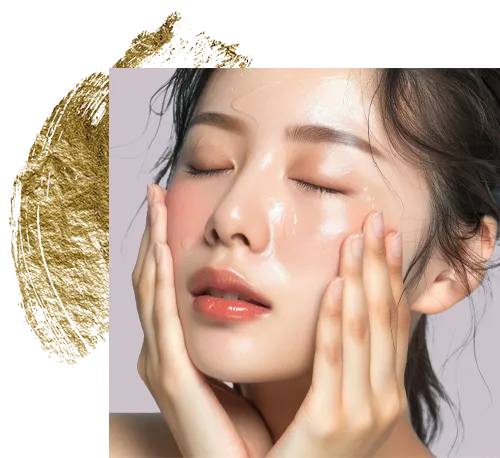 Woman with glowing skin, touching her face, eyes closed. Gold texture in the background.