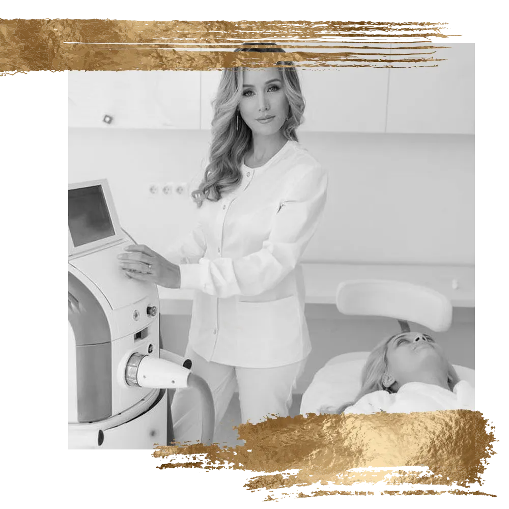 Woman in scrubs operating a medical device on a patient in a medical office