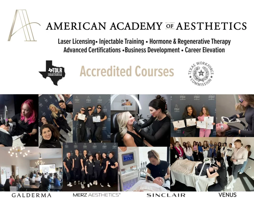 Promotional image for American Academy of Aesthetics with text and photos of students and courses.