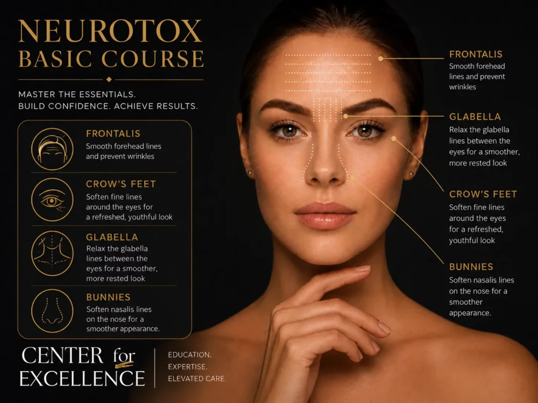 Neurotox Basic Course poster with a woman's face and labeled facial anatomy points on a dark background