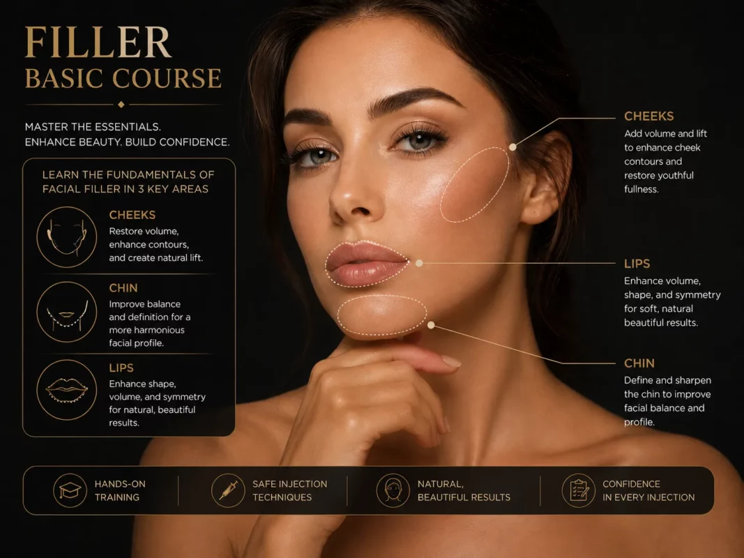 Promotional graphic for filler course showing a woman’s face with labeled treatment areas and product details