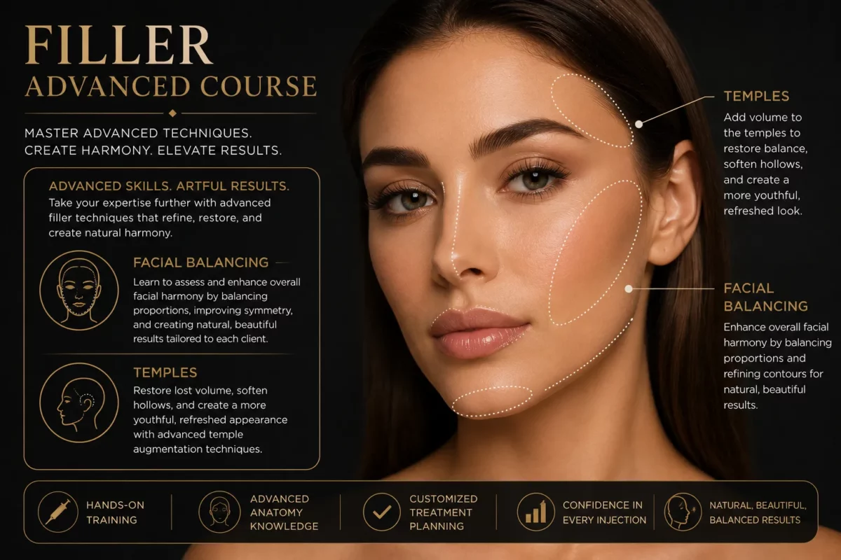 Luxury filler treatment ad with a close-up woman’s face and gold informational text on a dark background