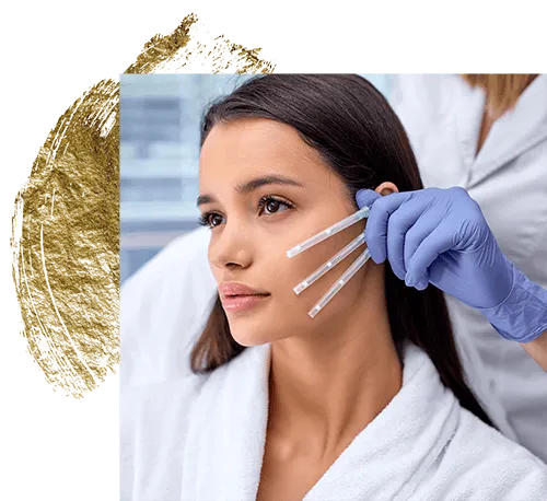 Cosmetic facial treatment with a clinician applying marks to a woman's cheek using a gloved hand