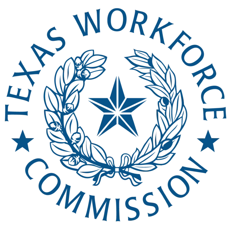 Texas Workforce Commission logo: Blue circle with text and a star in a laurel wreath.